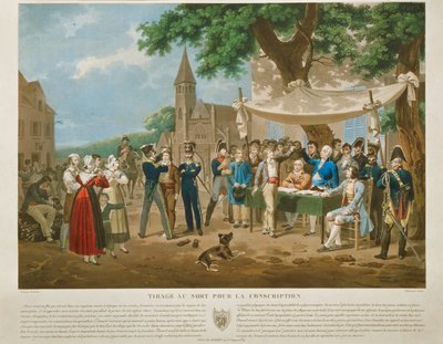 Kupferstich nach Lecomte: Wehrpflichtige ziehen Lose von Hippolyte Lecomte