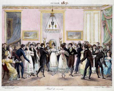 Gesellschaftsball in Paris im Geschäft von Crayons Conte, Place du Palais Royal im Februar 1819 (Lithographie von Hippolyte Lecomte) von Hippolyte Lecomte