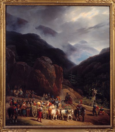 Die Rückkehr der Schlacht von Marignan. Armeen von Franz I. kehren von Marignan (Maregnano) am 14.09.1515 zurück. Gemälde von Hippolyte Lecomte (1781-1857) 1829. 0,54x0,65 m Bourg En Bresse. Brou-Museum von Hippolyte Lecomte