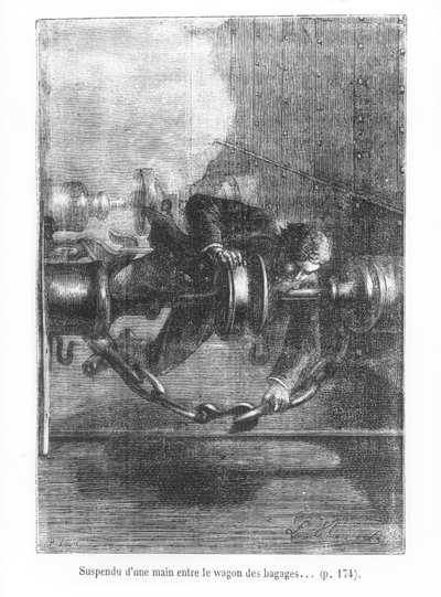 Mit einer Hand zwischen dem Gepäckwagen hängen, Illustration aus 