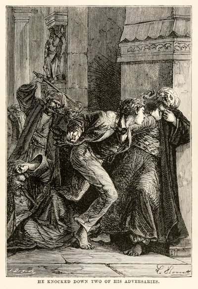 Er schlug zwei seiner Gegner nieder, aus In 80 Tagen um die Welt von Jules Verne, graviert von Louis Dumont, 1873 von Hippolyte Leon Benett
