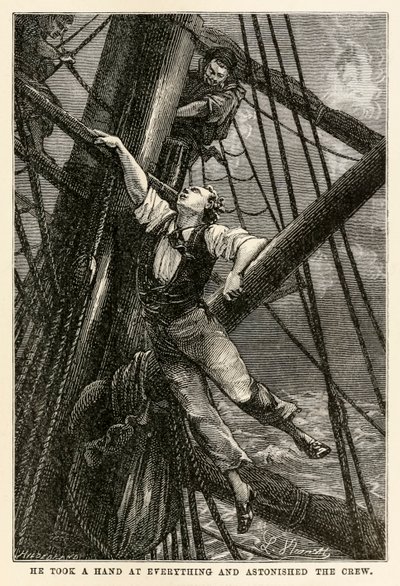 Er packte alles an und erstaunte die Besatzung, aus In 80 Tagen um die Welt von Jules Verne (1828-1905) graviert von Henri-Théophile Hildebrand (1824-97), 1873 von Hippolyte Leon after Benett