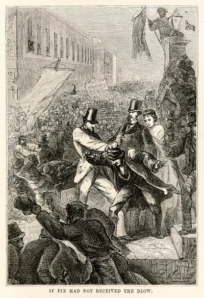 Wenn Fix den Schlag nicht erhalten hätte, aus In 80 Tagen um die Welt von Jules Verne (1828-1905) graviert von Henri-Théophile Hildebrand (1824-97), 1873 von Hippolyte Leon after Benett