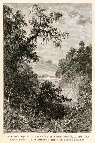 In einer feinen Kutsche, gezogen von prächtigen Pferden, fuhren Aouda und Phileas Fogg durch die reiche Waldlandschaft, aus In 80 Tagen um die Welt von Jules Verne (1828-1905) graviert von Henri-Théophile von Hippolyte Leon after Benett