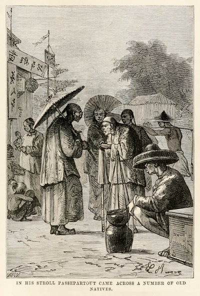 Bei seinem Spaziergang stieß Passepartout auf eine Reihe alter Einheimischer, aus In 80 Tagen um die Welt von Jules Verne (1828-1905), graviert von Adolphe François Pannemaker (1822-1900), 1873 von Hippolyte Leon after Benett