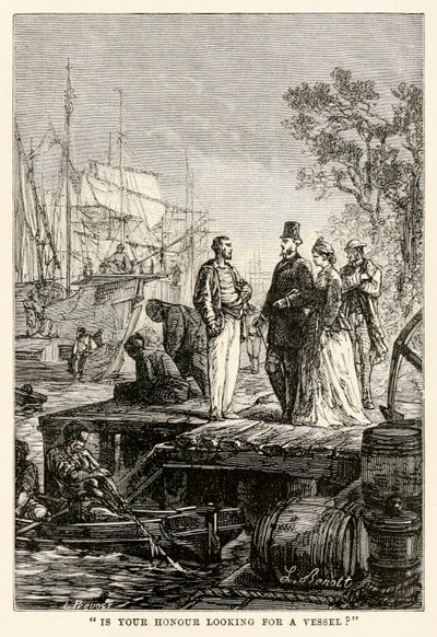 Sucht Eure Ehre ein Schiff?, aus In 80 Tagen um die Welt von Jules Verne (1828-1905), graviert von Louis Prevost, 1873 von Hippolyte Leon after Benett
