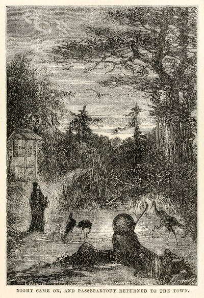 Die Nacht brach herein, und Passepartout kehrte in die Stadt zurück, aus In 80 Tagen um die Welt von Jules Verne (1828-1905), graviert von Louis Prevost, 1873 von Hippolyte Leon after Benett