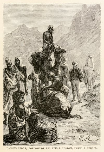 Passepartout, der seiner üblichen Gewohnheit folgt, macht einen Spaziergang, aus In 80 Tagen um die Welt von Jules Verne, graviert von Adolphe François Pannemaker, 1873 von Hippolyte Leon after Benett