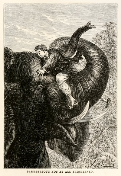 Passepartout überhaupt nicht erschrocken, aus In 80 Tagen um die Welt von Jules Verne (1828-1905), 1873 von Hippolyte Leon after Benett