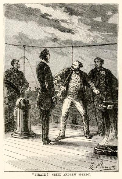 Pirat! rief Andrew Speedy., aus In 80 Tagen um die Welt von Jules Verne (1828-1905) graviert von Louis Dumont (geb. 1822), 1873 von Hippolyte Leon after Benett