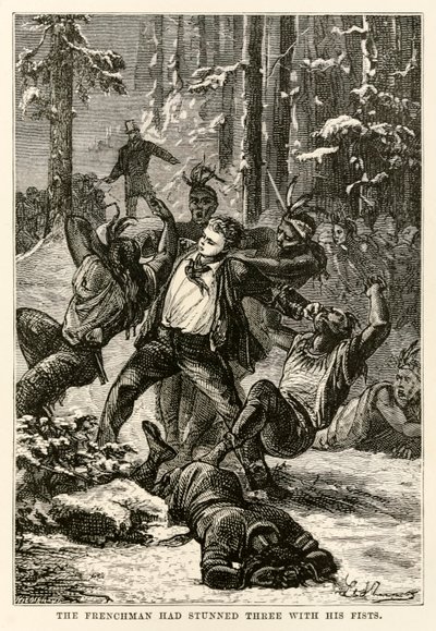 Der Franzose hatte drei mit seinen Fäusten betäubt, aus In 80 Tagen um die Welt von Jules Verne (1828-1905) graviert von Henri-Théophile Hildebrand (1824-97), 1873 von Hippolyte Leon after Benett