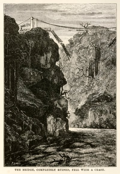 Die Brücke, völlig zerstört, stürzte mit einem Krachen ein, aus In 80 Tagen um die Welt von Jules Verne (1828-1905) graviert von Louis, 1873 von Hippolyte Leon after Benett
