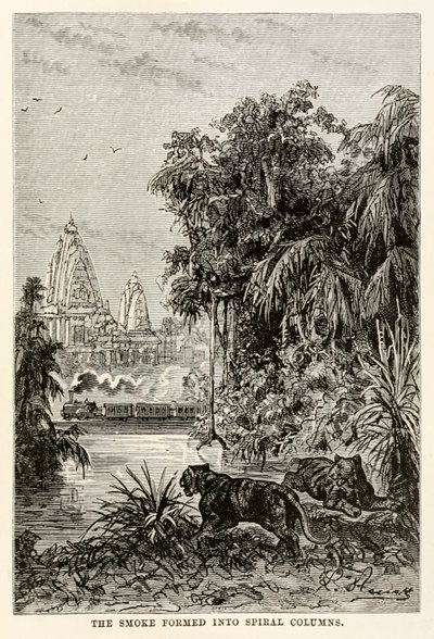 Der Rauch bildete sich in spiralförmige Säulen, aus In 80 Tagen um die Welt von Jules Verne, 1873 von Hippolyte Leon after Benett