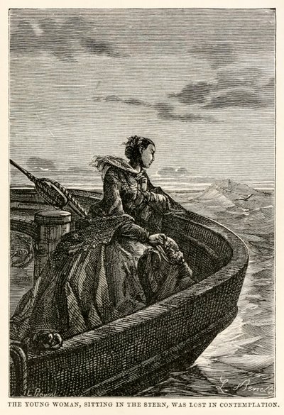 Die junge Frau, die im Heck saß, war in Kontemplation versunken, aus In 80 Tagen um die Welt von Jules Verne (1828-1905), graviert von Jean Louis Prevost, (1790-1850), 1873 von Hippolyte Leon after Benett