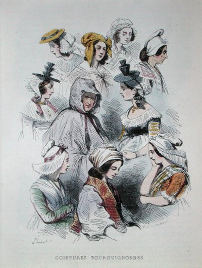 Kopfbedeckungen burgundischer Bauern, aus dem Buch 