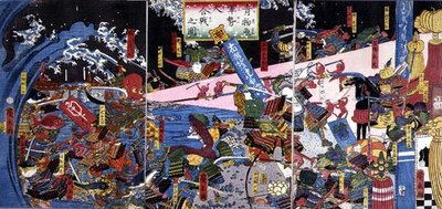Parodie einer Schlachtszene, die Schlacht von Gemüse und Fisch darstellend von Hirokage Utagawa