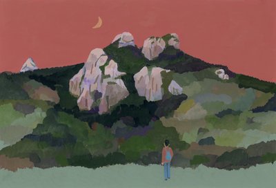 Mann mit Rucksack, der in den Bergen reist, 2015 von Hiroyuki Izutsu