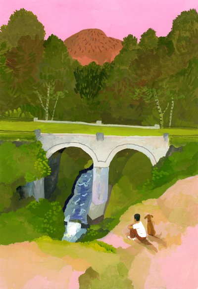 Die Brücke mit dem Hund bei Dämmerung beobachten von Hiroyuki Izutsu