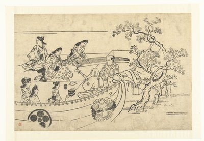 Musizierende Gesellschaft unter einem Kirschbaum (Kirschblüten betrachten in Ueno) von Hishikawa Moronobu (attributed to)
