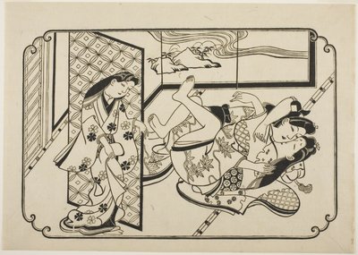 Eine Kurtisane mit ihrem Kunden, das erste Blatt eines unbetitelten erotischen Bilderalbums von Hishikawa Moronobu