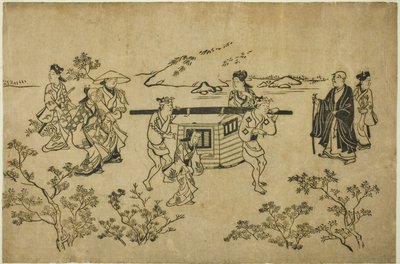 Ein vorbeiziehender Palankin, aus der Serie "Szenen der Blumenbetrachtung in Ueno (Ueno hanami no tei)" von Hishikawa Moronobu