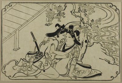 Liebende im Garten, aus einer unbetitelten Serie erotischer Drucke von Hishikawa Moronobu