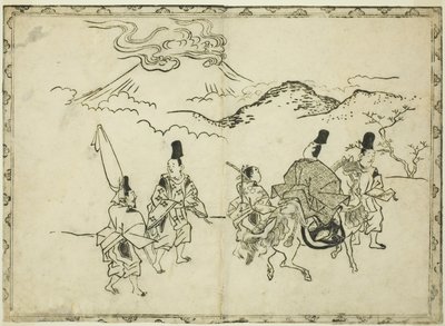 Narihiras Reise in den Osten, aus dem illustrierten Buch "Panorama der Gemälde auf Paravents und Hängerollen (Byobu kakemono ekagami)" von Hishikawa Moronobu