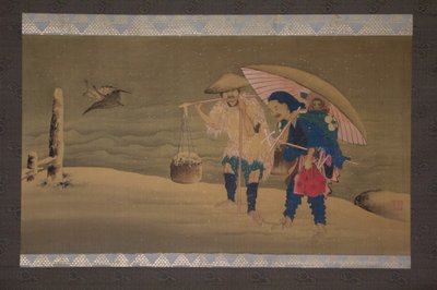Affen Schausteller und Träger im Schnee, 19. Jahrhundert von Hokuga