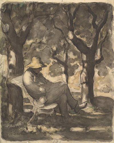 Ein Mann liest in einem Garten, 1825-79 von Honoré Daumier