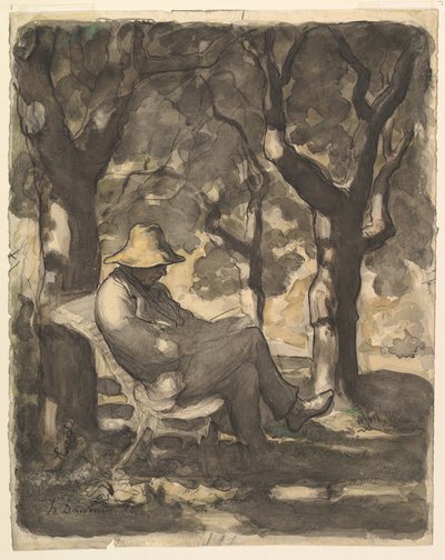 Ein Mann liest in einem Garten recto, Vorzeichnung für einen Mann, der in einem Garten liest..., ca. 1865 von Honoré Daumier