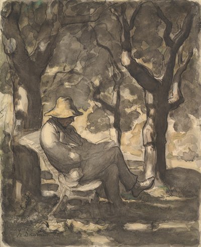 Ein Mann liest in einem Garten, ca. 1865 von Honoré Daumier