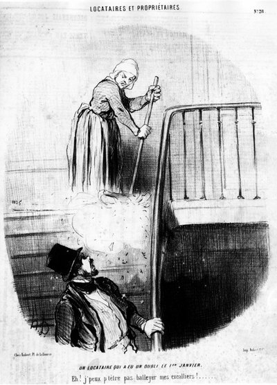 Ein Mieter, der am 1. Januar etwas vergessen hat. Hey! Ich kann meine Kletterer nicht werfen! , aus „Mieter und Eigentümer“, Karikaturenserie von Honore Daumier (1808-1879). „Charivari“ von Honoré Daumier
