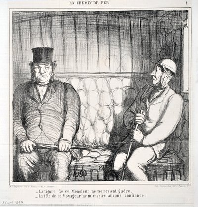 Werk von Honore Daumier (1808-1879). Charivari stammt aus dem Jahr 1864: Serie LES CHAINS DE RAILWAY - Die Figur dieses Herrn kommt mir nicht bekannt vor. - Der Kopf dieses Reisenden erweckt in mir kein Vertrauen. MUSEE DES BEAUX ARTS - PALAIS LONGCHAMP, M von Honoré Daumier