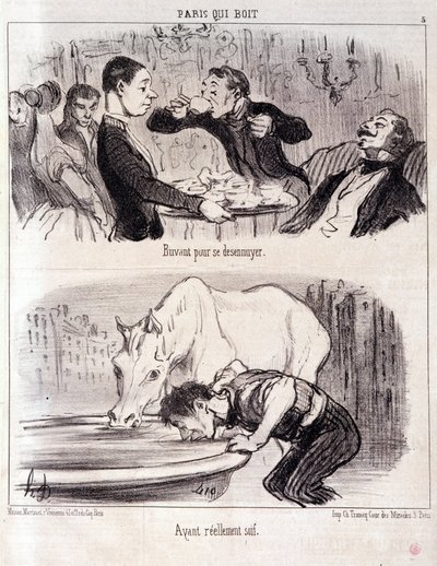 Karikatur über gastronomischen Missbrauch. Serie Paris trinkt: „Trinken aus Langeweile. Wirklich durstig.“ Gravur von Honore Daumier (1808-1879). Auszug aus der Zeitung „Le Charivari“ 16. Juni 1852 Dim 37x26cm Inv D 2310 - Box 24 Nr. 5. Marseille, Musée de von Honoré Daumier