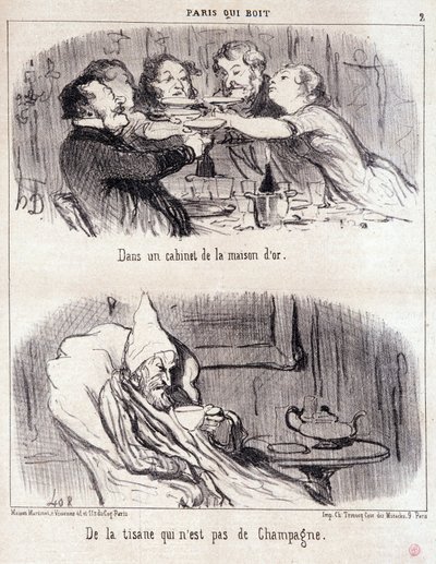 Karikatur über gastronomischen Missbrauch. Serie „Paris, das trinkt“: „In einem Kabinett des Hauses d