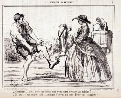 Karikatur über Winzer, die barfuß Trauben stampfen. Serie „Herbstskizze“: „Wie... willst du die Trauben mit deinen Füßen pressen?...“ von Honoré Daumier