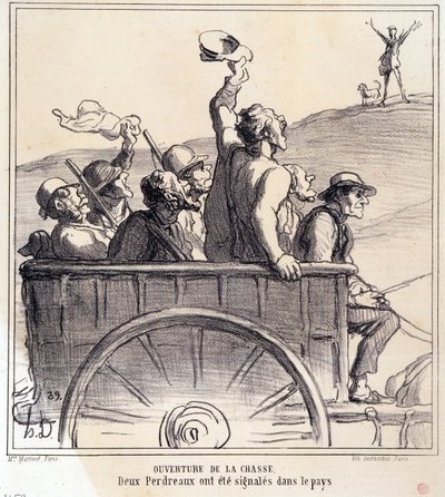 Karikatur über Jäger. Serie Herbstskizze: Eröffnung der Jagd, zwei Rebhühner wurden auf dem Land gesichtet, aus der Zeitung Le Charivari von Honoré Daumier