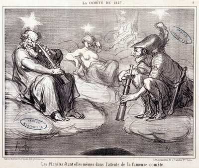 Karikatur über Wissenschaft. Serie „Die Komet von 1857“: „Die Planeten warten selbst auf den berühmten Kometen“. Gravur von Honore Daumier, 25. März von Honoré Daumier