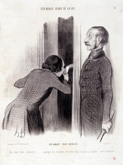 Karikatur über das Paar. Serie „Die schönen Tage des Lebens“: „Ein zu glücklicher Liebhaber...“. Gravur von Honoré Daumier (1808-1879). Auszug aus der Zeitung „Le Charivari“ vom 1. September. von Honoré Daumier
