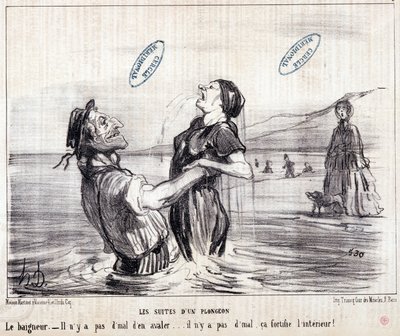 Karikatur über Touristen im Urlaub. Serie „Les Bains de Mer“: „Aquatische Skizze. Die Sequenzen eines Tauchgangs“. Gravur von Honoré Daumier (1808-1879). Auszug aus der Zeitung „Le Charivari“ von 1853. von Honoré Daumier