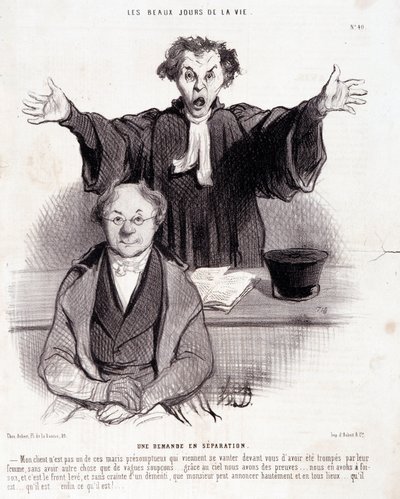 Karikatur über Scheidungen. Serie „Die schönen Tage des Lebens“: „Ein Antrag auf Trennung...“ von Honoré Daumier