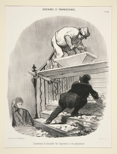 Unannehmlichkeit, Reparaturen von seinem Vermieter zu verlangen, aus Locataires et Proprietaires von Honoré Daumier