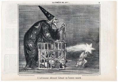 Der Komet von 1857, "Der deutsche Astronom lässt eine berühmte Ente los", aus Le Charivari, veröffentlicht 1858 von Honoré Daumier