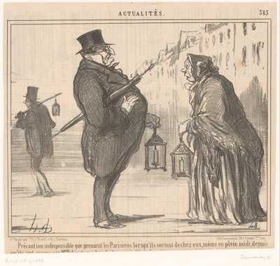 Monsieur Prudhomme und eine alte Frau mit Laterne und Regenschirm von Honoré Daumier