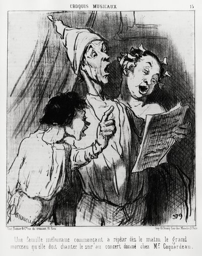 Musikalische Skizzen: eine melomanische Familie beginnt am Morgen das große Lied zu wiederholen, das sie am Abend beim Konzert für Herrn Coquardeau singen mussten. Illustration von Honore Daumier (1808-1879), veröffentlicht in „Charivari“, datiert 3. März von Honoré Daumier