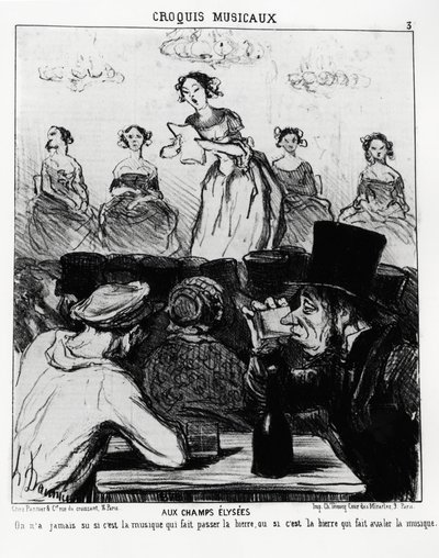 Musikalische Skizzen: auf den Champs Elysees wusste man nie, ob es die Musik ist, die das Bier durchlässt, oder das Bier, das die Musik schluckt. Illustration von Honore Daumier (1808-1879), veröffentlicht in „Charivari“, datiert 12. Februar 1852 von Honoré Daumier