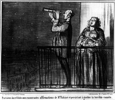 Pariser, die den beruhigenden Behauptungen von Monsieur Babient ungläubig gegenüberstehen und weiterhin den schrecklichen Kometen beobachten, Karikatur von Honore Daumier (1808-1879). „Charivari“ von Honoré Daumier