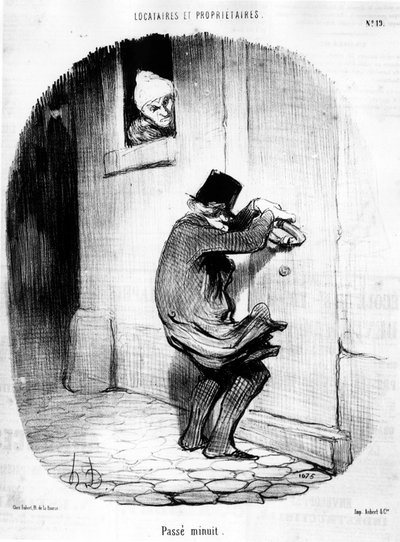 Nach Mitternacht. Mann kehrt spät zum Mieter zurück, aus „Tenants et Owners“, Karikaturserie von Honore Daumier (1808-1879). „Charivari“ von Honoré Daumier
