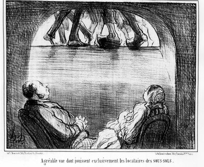 Angenehme Aussicht, die ausschließlich den Mietern der Keller vorbehalten ist, aus „Mieter und Eigentümer“, Karikaturenserie von Honore Daumier (1808-1879). „Charivari“ von Honoré Daumier