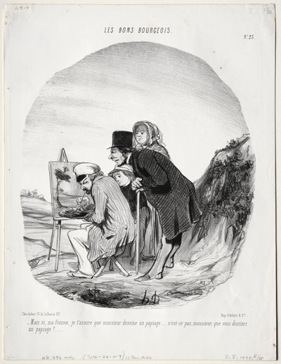 Der gute Bürger, Tafel 23: "Aber ja, meine Liebe, ich versichere dir, dass dieser Herr eine Landschaft zeichnet...ist es nicht so, Herr, dass Sie eine Landschaft zeichnen?" von Honoré Daumier
